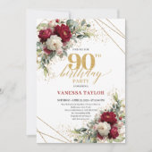 Elegant Burgundy White Floral Gold 90th Birthday  Kaart (Voorkant)