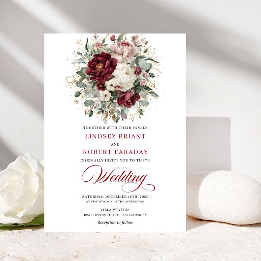 Elegant Burgundy White Floral Greenery Gold Weddin Kaart
