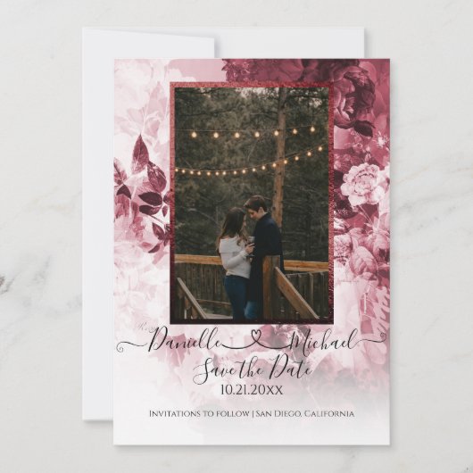 Elegant Burgundy White Floral Script Heart Foto Save The Date (Voorkant)