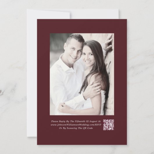 Elegant Burgundy White Gold QR Code Photo Wedding Kaart (Achterkant)
