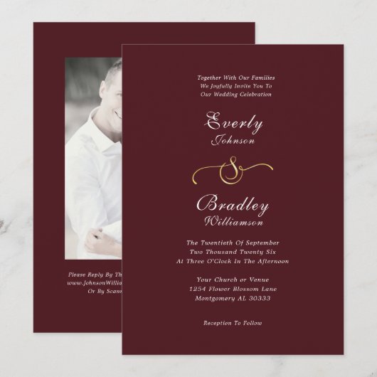 Elegant Burgundy White Gold QR Code Photo Wedding Kaart (Voorkant / Achterkant)