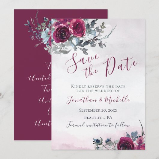 Elegant Burgundy White Roses Christelijk huwelijk Save The Date (Voorkant / Achterkant)