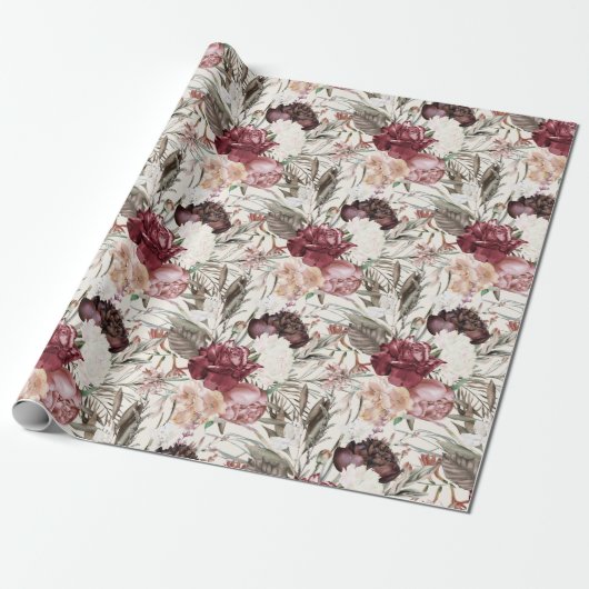 Elegant Burgundy Wine Cream Floral Greenery Cadeaupapier (Uitgerold)