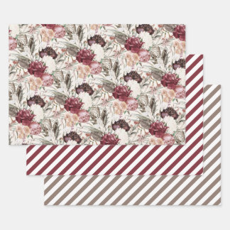 Elegant Burgundy Wine Cream Floral Greenery Stripe Inpakpapier Vel