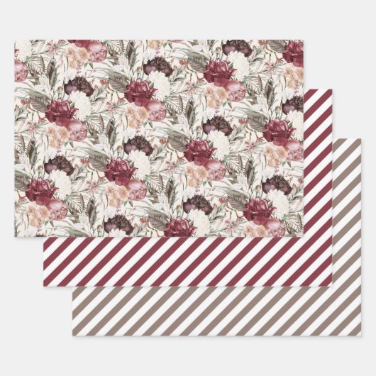 Elegant Burgundy Wine Cream Floral Greenery Stripe Inpakpapier Vel (Set)