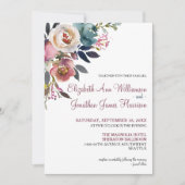 Elegant Burgundy Wine Dusty Blue Floral Wedding Kaart (Voorkant)