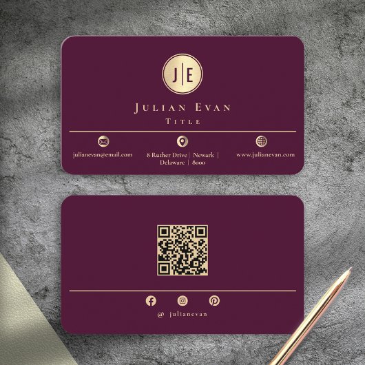 Elegant Burgundy Wine Gold Shiny Circle Monogram Visitekaartje
