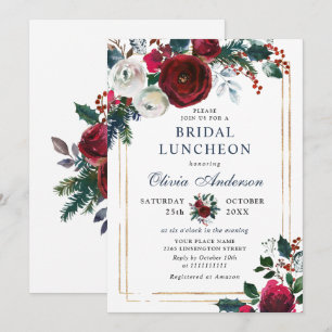 Elegant Burgundy Winter Rozen BRIDAL LUNCHEON Kaart
