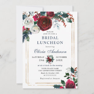Elegant Burgundy Winter Rozen BRIDAL LUNCHEON Kaart