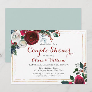 Elegant Burgundy Winter Rozen Floral Couple Shower Kaart