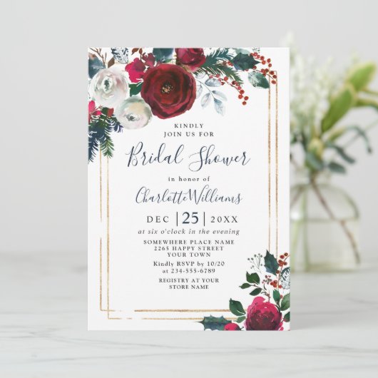 Elegant Burgundy Winter Rozen Floral Vrijgezellenf Kaart (Staand voorkant)