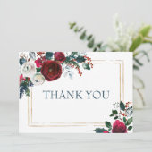 Elegant Burgundy Winter Rozen Greenery Bedankkaart (Staand voorkant)