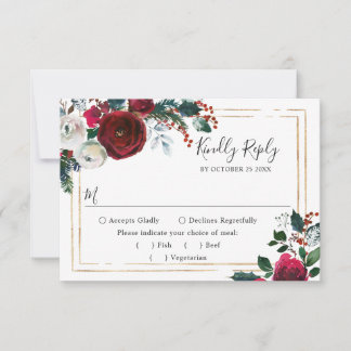 Elegant Burgundy Winter Rozen Greenery Wedding RSVP Kaartje