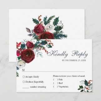 Elegant Burgundy Winter Rozen Greenery Wedding RSVP Kaartje