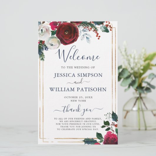 Elegant Burgundy Winter Wedding Ceremony Programme (Staand voorkant)