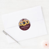 Elegant Burgundy Wood Lace Sunflower Wedding Ronde Sticker (Envelop)