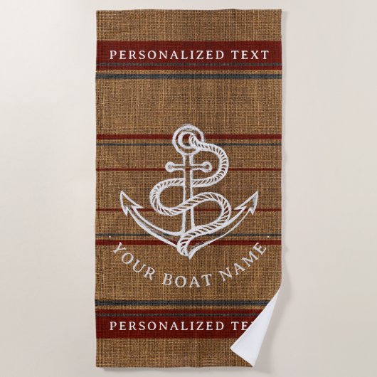 Elegant Burlap Anchor Nautical Boat Name Aangepast Strandlaken (Voorkant)