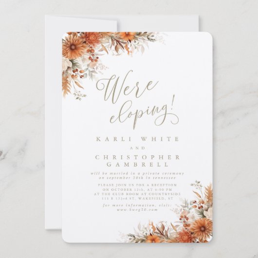 Elegant Burnt Orange Floral Elopement Reception Kaart (Voorkant)