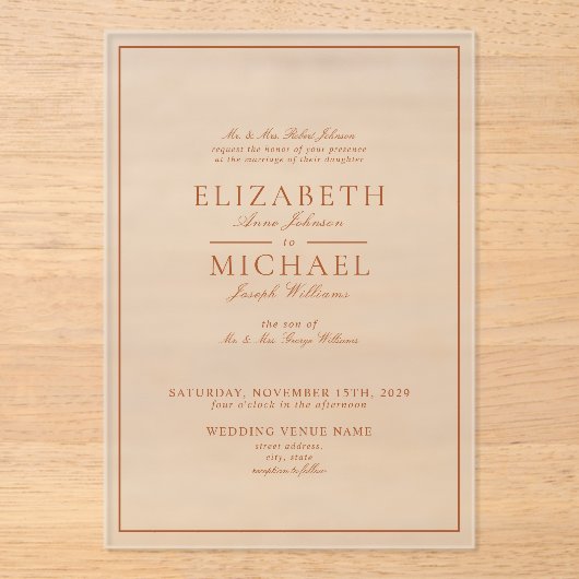 Elegant Burnt Oranje Classic Script Wedding Acryl Uitnodigingen (Voorkant)