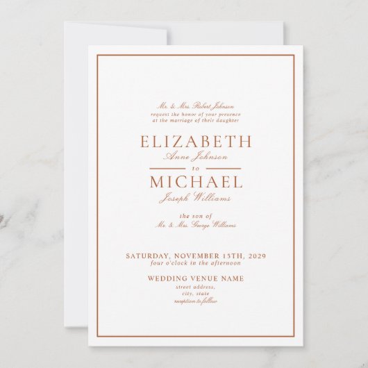 Elegant Burnt Oranje Classic Script Wedding Kaart (Voorkant)