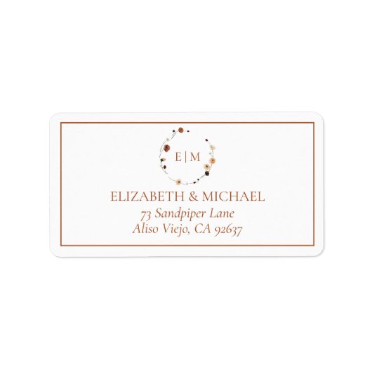 Elegant Burnt Oranje Floral Crest Monogram Adres Etiket (Voorkant)