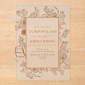 Elegant Burnt Oranje Floral Line Art Wedding Acryl Uitnodigingen (Voorkant)