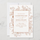 Elegant Burnt Oranje Floral Line Art Wedding Invit Kaart (Voorkant)
