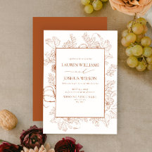 Elegant Burnt Oranje Floral Line Art Wedding Invit