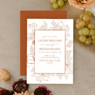Elegant Burnt Oranje Floral Line Art Wedding Invit Kaart