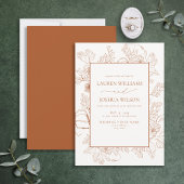 Elegant Burnt Oranje Floral Line Art Wedding Invit Kaart