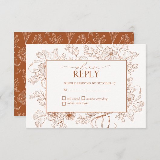 Elegant Burnt Oranje Floral Line Art Wedding RSVP (Voorkant / Achterkant)