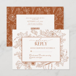 Elegant Burnt Oranje Floral Line Art Wedding RSVP