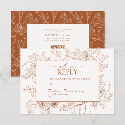 Elegant Burnt Oranje Floral Line Art Wedding RSVP Kaartje (Voorkant / Achterkant)