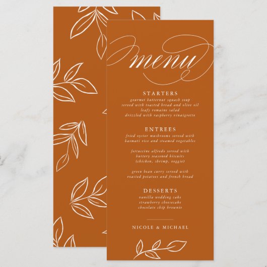 Elegant Burnt Oranje Minimalist Leaves Wedding Menu (Voorkant / Achterkant)