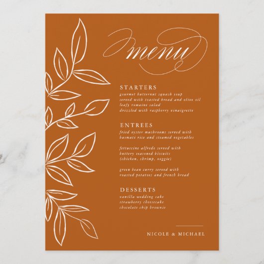 Elegant Burnt Oranje Minimalist Leaves Wedding Menu (Voorkant)