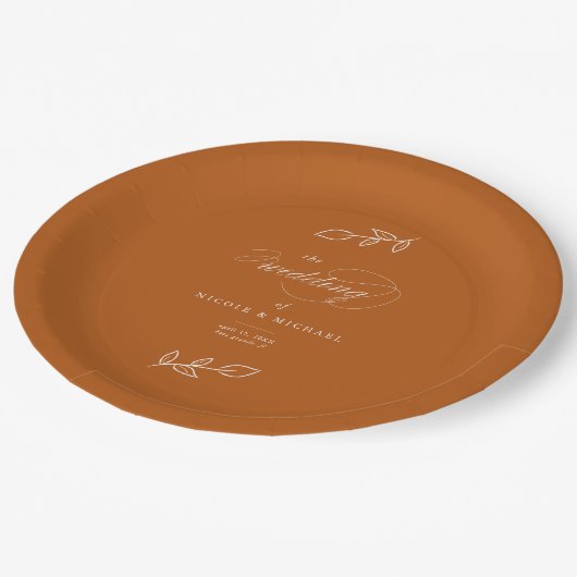 Elegant Burnt Oranje Minimalist Leaves Wedding Papieren Bordje (Gekanteld)