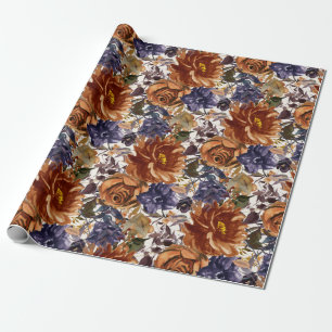 Elegant Burnt Oranje Navy Blue Herfst Autumn Flora Cadeaupapier