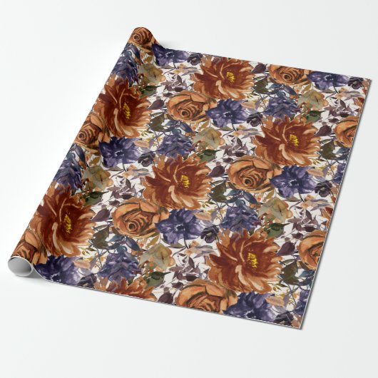Elegant Burnt Oranje Navy Blue Herfst Autumn Flora Cadeaupapier (Uitgerold)