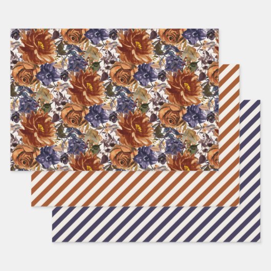 Elegant Burnt Oranje Navy Blue Herfst Autumn Flora Inpakpapier Vel (Set)