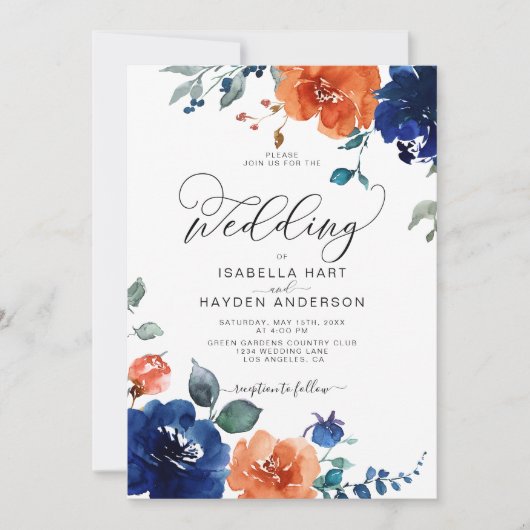 Elegant Burnt Oranje Navy Rust Floral Wedding Kaart (Voorkant)