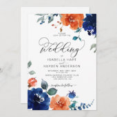 Elegant Burnt Oranje Navy Rust Floral Wedding Kaart (Voorkant / Achterkant)
