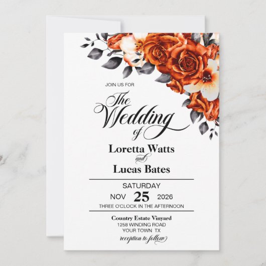 Elegant Burnt Oranje Roos Floral Wedding Kaart (Voorkant)