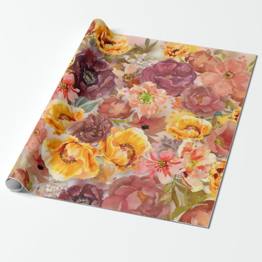 Elegant Burnt Oranje Rust Waterverf Floral Wrapp Cadeaupapier (Uitgerold)