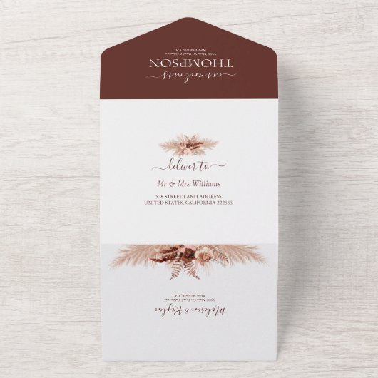Elegant Burnt Oranje Terracotta Pampas Wedding All In One Uitnodiging (Buitenkant)