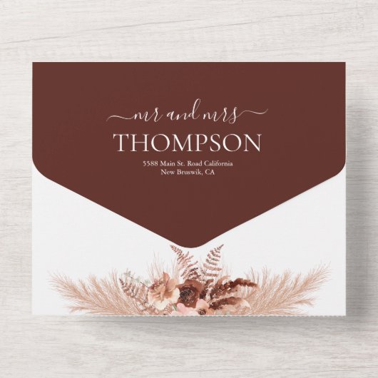 Elegant Burnt Oranje Terracotta Pampas Wedding All In One Uitnodiging (Achterkant)