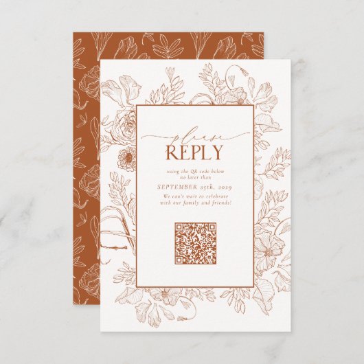 Elegant Burnt Oranje Wedding QR Code Gelieve te an RSVP Kaartje (Voorkant / Achterkant)
