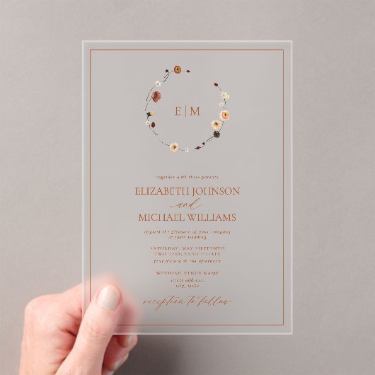 Elegant Burnt Sinaasappel Floral Crest Monogram We Acryl Uitnodigingen (Insitu (Draagbaar))