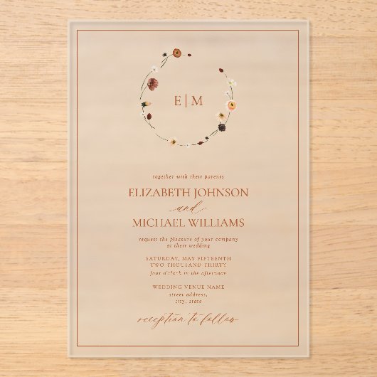 Elegant Burnt Sinaasappel Floral Crest Monogram We Acryl Uitnodigingen (Voorkant)