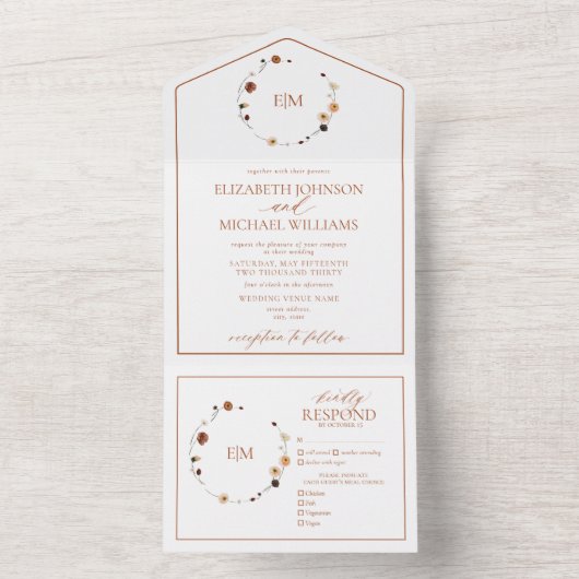 Elegant Burnt Sinaasappel Floral Crest Monogram We All In One Uitnodiging (Binnen)