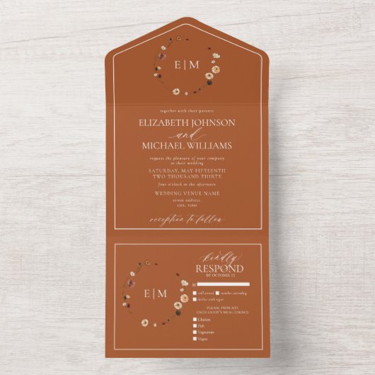 Elegant Burnt Sinaasappel Floral Crest Monogram We All In One Uitnodiging (Binnen)